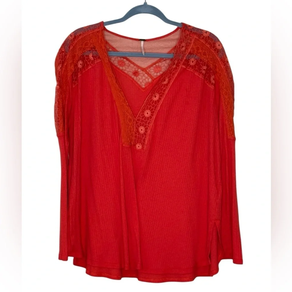 Free People Lola Cotton blend Tunic Top w/ lovely Lace Accents XL Crimson Rose 🌹